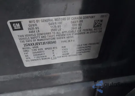 2018 Chevrolet Equinox Lt z USA, uszkodzony, nr VIN 2GNAXJEV7J6186940